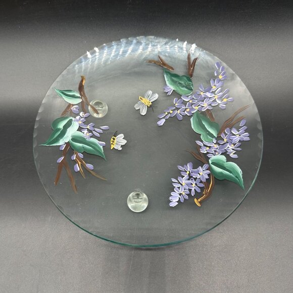 Hand Painted Glass Plate Bees Purple Flowers Decorative Floral Botanical Footed - Picture 2 of 9